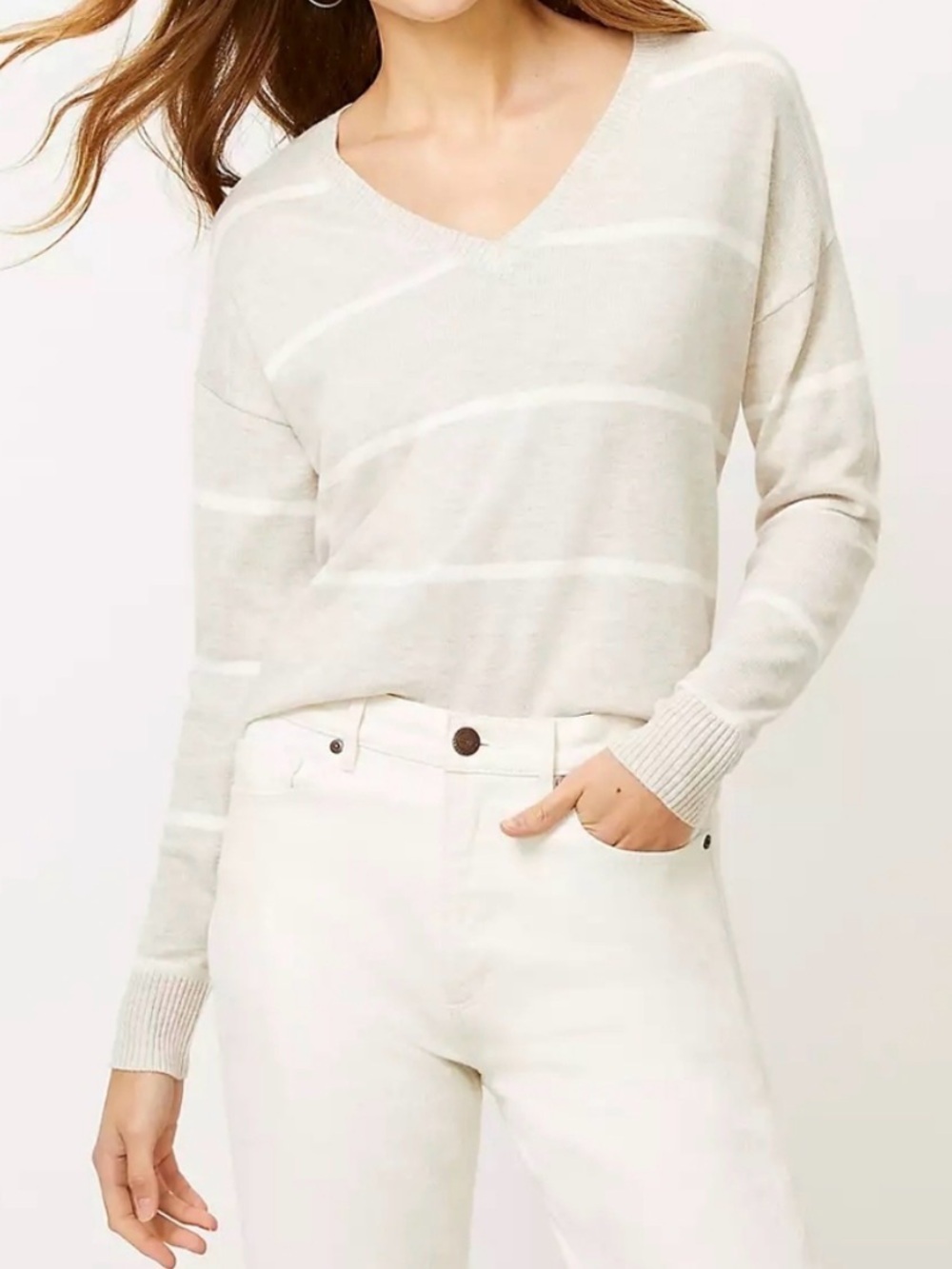 LOFT V Neck Tan White Striped Long Sleeve Knit Lightweight Sweater Size Small